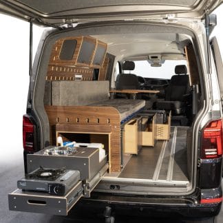Wohnmobil Innenausbau Camingbox mit Bett und Küche für Camping im Kastenwagen CargoClips